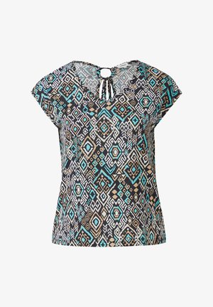 Korte mouw top van lichtgewicht stof, met een multicultureel geometrisch patroon met turquoise, zwart en beige accenten. Detail met een sleutelgat-halslijn.