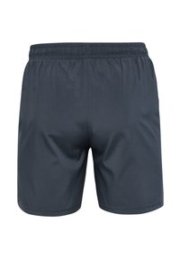 Mörkgrå badshorts för män med elastisk linning, slät syntetisk tyg och utan synliga fickor eller dekorationer.