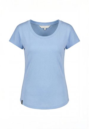 Hellblaues Damen-T-Shirt mit kurzen Ärmeln, rundem Halsausschnitt und kleinem schwarzem Etikett an der unteren linken Seite.