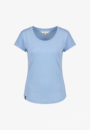 Hellblaues Damen-T-Shirt mit kurzen Ärmeln, rundem Halsausschnitt und kleinem schwarzem Etikett an der unteren linken Seite.