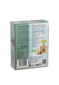 Wooden 2-in-1 chestnut drill and nutcracker with hand drill and cracked nut shown on product packaging box.