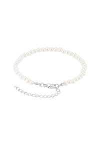 Bracciale con perle bianche, dotato di chiusura in argento e catena di estensione, composto da perle rotonde di dimensioni uniformi e una superficie liscia.