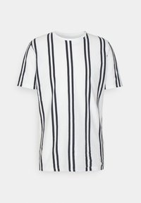 Vit kortärmad t-shirt med vertikala marinblå ränder. Anmärkningsvärda egenskaper inkluderar en rund halsringning och en mjuk tygtextur.