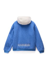 Blue fleece jacket featuring a soft, textured exterior, white hood lining, and a band with "NAPAPIJRI" logo near the bottom.