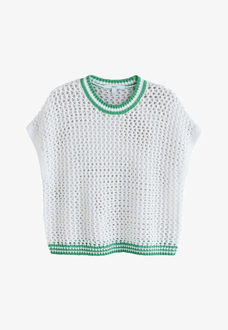 Pull sans manches blanc à maille ouverte avec encolure et ourlet rayés verts et blancs, posé à plat sur un fond blanc.