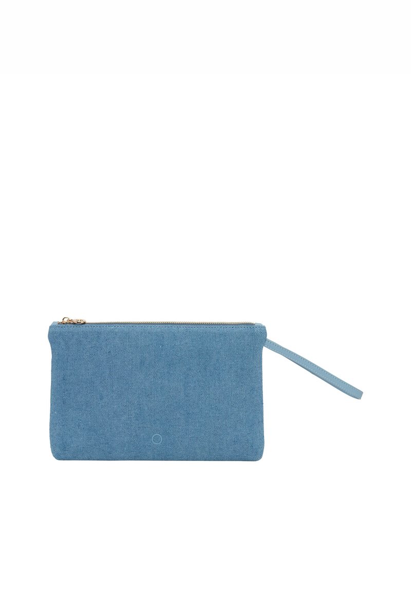 Astuccio blu in tela con chiusura a zip e manico laterale. Caratterizzato da una texture liscia e un design minimalista. Adatto per vari accessori.