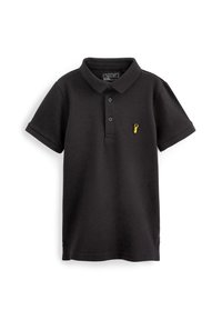 Čierna polo košeľa vyrobená z bavlny, s klasick�ým golierom, krátkymi rukávmi a žltým logom homára na ľavej strane hrudníka.