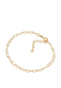 Guldfärgad armband med länkade hjärtformade metallkomponenter, en slät yta och ett säkert krok-lås.