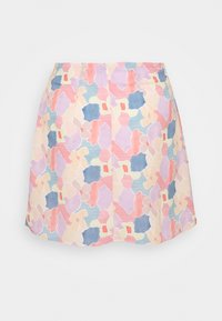 A patterned A-line skirt featuring abstract shapes in pastel colors including pink, blue, and yellow; zip closure at the back.