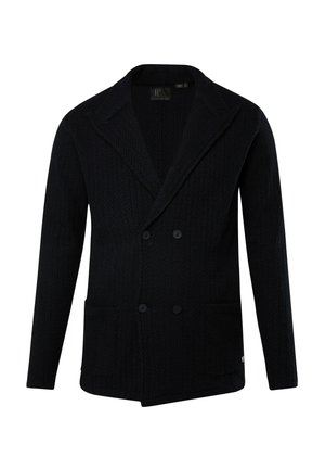 Marineblauer, doppelt gefütterter Blazer aus strukturiertem Stoff mit Fischgrätmuster, breiten Revers und zwei vorderen Taschen.