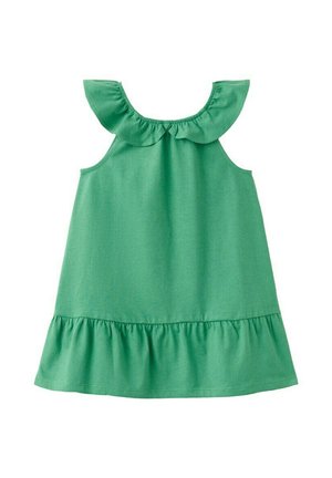 Vestito verde senza maniche con colletto e orlo arricciati, progettato per un bambino, mostrato su sfondo bianco.