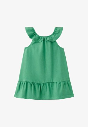 Green sleeveless dress with ruffled collar and hem, designed for a child, displayed on a white background.