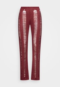 Bordo pletené kalhoty se svislými průhlednými pruhy, které probíhají po přední části a bocích, s rovným střihem a elastick�ým pasem.