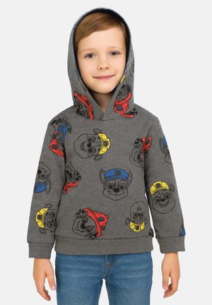 Graues Hoodie mit verspielten Cartoon-Tiergesichtern in Rot, Gelb und Blau. Es hat eine große Kapuze und gerippte Bündchen und besteht aus weichem Stoff.