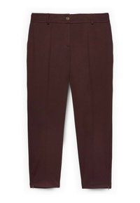 Burgundské kalhoty na míru s úzkým střihem, s knoflíkovým zapínáním, předními sklady a zipy na kotnících pro flexibilitu a snadné nošení.