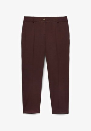 Pantaloni tailoring bordo cu o potrivire slim, dotati cu un sistem de inchidere cu buton, pliuri frontale si fermoare la glezne pentru versatilitate si usurinta la purtare.