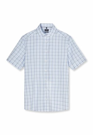 Kurzärmeliges Hemd mit Knopfleiste, hellblauem und grauem Karomuster sowie klassischem Kragen, dargestellt auf weißem Hintergrund.