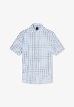 Korte mouwen overhemd met knopen en een lichtblauw-grijs ruitpatroon en een klassieke kraag, weergegeven op een witte achtergrond.