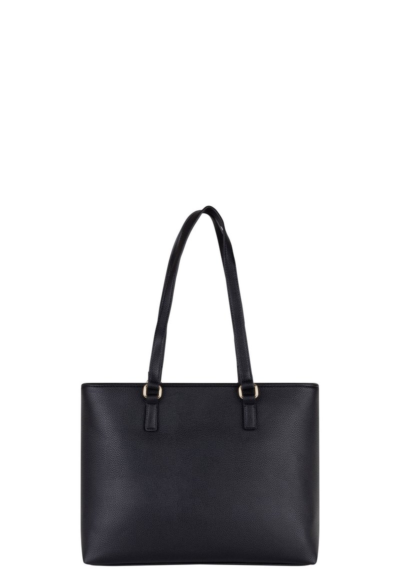 Schwarze Tragetasche aus strukturiertem Leder. Sie verfügt über zwei stabile Griffe und Akzente in goldfarbener Hardware. Rechteckige Form ohne sichtbare Muster.