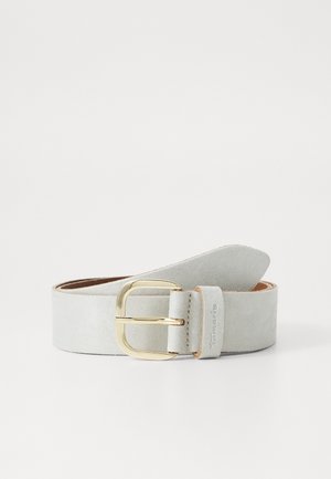 Ceinture en daim gris clair avec une boucle en métal doré de forme rectangulaire. Elle présente une texture lisse et un doublure en cuir avec le logo de la marque.