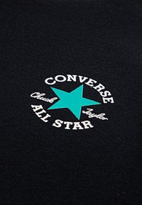 Μαύρο ύφασμα με υφή που φέρει ένα κυκλικό λογότυπο. Το λογότυπο περιλαμβάνει ένα τιρκουάζ αστέρι και λευκό κείμενο που αναγράφει "Converse Chuck Taylor All Star".