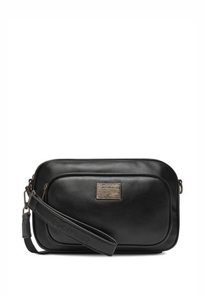 Schwarze rechteckige Leder-Umhängetasche mit Frontreißverschlusstasche, abnehmbarem Riemen und Metall-Logo-Plakette von G-Star Originals.