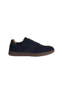 Navy blue suede sneakers with a low profile, brown rubber outsole, round toe, and lace-up design featuring tonal stitching and patterned accents.