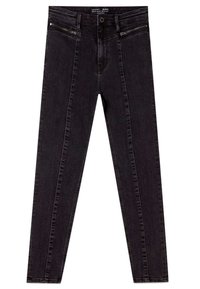 Svarta skinny jeans i denim med hög midja, framdragkedjor och en slät yta. Designen är figursydd med rena linjer.