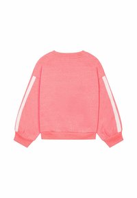 Pink sweatshirt with long, puffed sleeves and a crew neck. Features two white stripes along the outer sleeves. Soft texture.