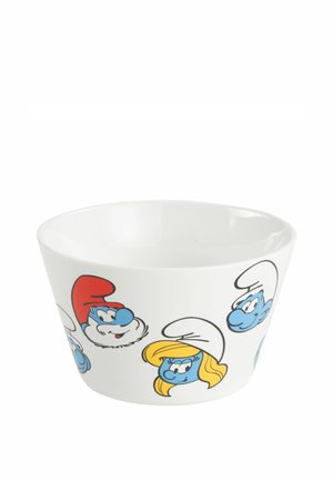 White ceramic bowl featuring colorful faces of Smurf characters including Papa Smurf, Smurfette, and Clumsy Smurf.