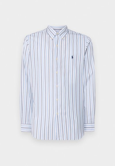 Striped button-up shirt in light blue and white, featuring vertical stripes, a classic collar, and a small embroidered logo on the chest.