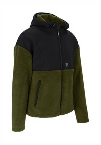 Fleecegefütterte Kapuzenjacke mit farblich unterteiltem Design: schwarzer Oberbereich und dunkelgrüner Unterbereich. Verfügt über Reißverschlusstaschen und strukturierter Stoff.