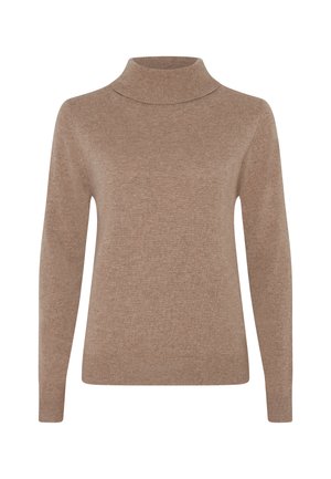Pull turtleneck marron en tissu tricoté doux, avec des manches longues et un design ajusté, agrémenté de finitions côtelées au col et à l'ourlet.