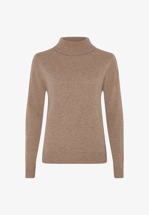 Brauner Rollkragenpullover aus weichem Strickstoff, mit langen Ärmeln und einer figurbetonten Passform, ausgestattet mit gerippten Akzenten am Kragen und Saum.