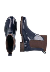 Granatowe błyszczące botki za kostkę z brązowymi elastycznymi panelami bocznymi i teksturowaną gumową podeszwą. Wyposażone w pętelkę ułatwiającą zakładanie. Gładkie wykończenie materiału.
