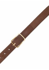 Brązowy skórzany pasek o gładkiej teksturze, z metalową złotą klamrą i wieloma otworami do regulacji długości na pasku, umożliwiającymi dostosowanie rozmiaru.