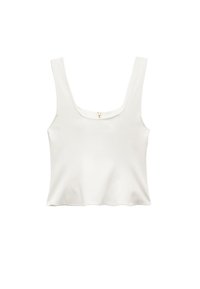 Top corto bianco senza maniche con spalline larghe, scollatura a girocollo e una discreta cerniera sul retro. Tessuto dalla consistenza liscia.