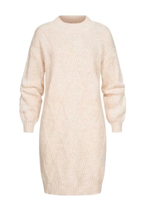 Robe pull en tricot beige clair avec un motif en losanges, des poignets côtelés et un col rond. Texture douce, coupe décontractée, longueur mi-cuisse.