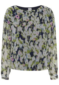Top fluido a maniche lunghe in tessuto trasparente con un motivo astratto multicolore di verde, blu e rosa su uno sfondo chiaro.