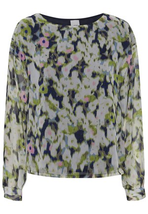 Flowy, long-sleeve top in sheer fabric featuring a multicolored abstract pattern of green, blue, and pink against a light background.