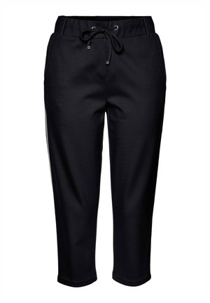 Pantalon de jogging noir avec taille à cordon, jambes fuselées et bandes latérales. Fabriqué en tissu doux, avec une texture lisse et des poignets élastiques.