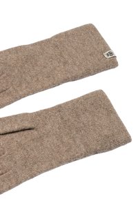 Braune gestrickte Handschuhe aus strukturiertem Wollmaterial, mit einem umgeschlagenen Design und einem kleinen Label, das auf einer Seite aufgenäht ist.