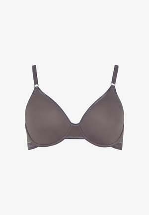 Gray wireless bra with a smooth texture, molded cups, adjustable straps, and a subtle sheen. No padding, featuring a side band logo.