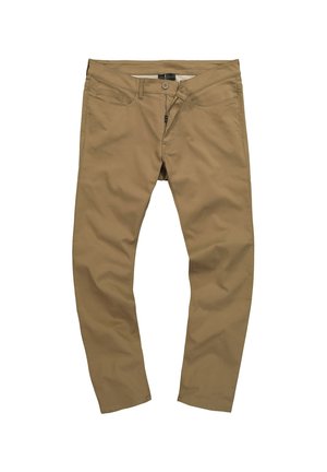 Pantalons en coton khaki avec une coupe slim, dotés d'une fermeture éclair, d'un bouton et d'un design à cinq poches ; texture lisse, couleur uniforme.
