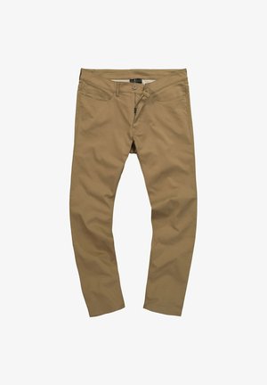 Pantalones de algodón color caqui con un corte ajustado, que cuentan con cremallera, cierre de botón y diseño de cinco bolsillos; textura suave, color uniforme.