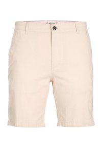 Shorts en coton beige clair avec une fermeture à bouton, des passants de ceinture, des poches latérales et un ourlet propre. Design minimaliste sans motifs visibles.