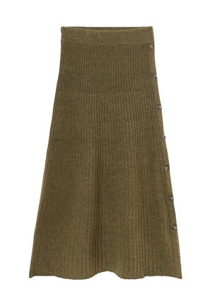 Jupe tricotée côtelée vert olive avec une taille ajustée, un ourlet évasé et six boutons décoratifs sur le côté. Texture douce, longueur mi-mollet.