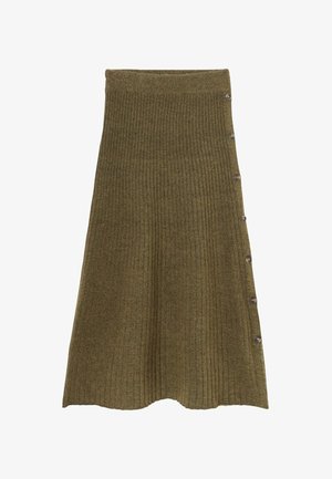 Jupe tricotée côtelée vert olive avec une taille ajustée, un ourlet évasé et six boutons décoratifs sur le côté. Texture douce, longueur mi-mollet.