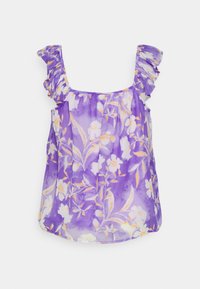 Top roxo sem mangas com alças franzidas, apresentando um padrão floral em branco e laranja. Tecido leve e transparente com um corte solto.