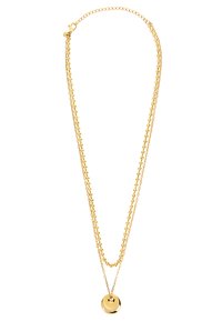 Goudkleurige dubbele ketting met een ronde hanger, voorzien van een gladde afwerking en afwisselende ovale en sferische schakels.